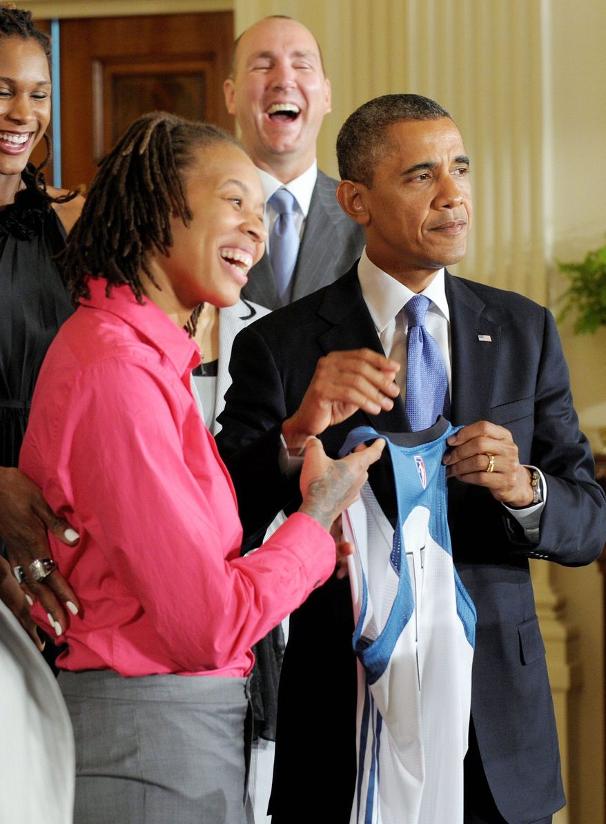President Obama met last week with Seimone Augustus and other members of the 2011 WNBA champion Minnesota Lynx. The honorary ceremony at the White House was one of the few official duties of the president since he accepted his party’s nomination for re-election. (Associated Press)