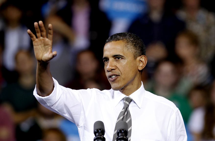 President Obama speaks Sept. 26, 2012, at a campaign event at the Memorial Athletic and Convocation Center at Kent State University in Kent, Ohio. (Associated Press)