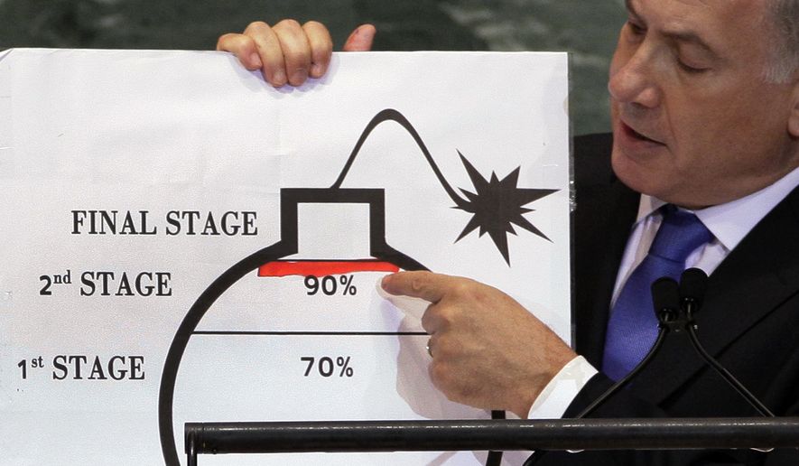 Israeli Prime Minister Benjamin Netanyahu shows an illustration as he describes his concerns over Iran&#x27;s nuclear ambitions during his address to the 67th session of the United Nations General Assembly at U.N. headquarters on Sept. 27, 2012. (Associated Press) **FILE**