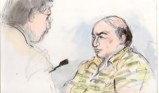 This courtroom sketch shows Nakoula Basseley Nakoula talking with his attorney Steven Seiden, left, in court Thursday Sept. 27, 2012. The U.S. Central District Chief Magistrate Judge Suzanne Segal on Thursday determined the California man behind a crudely produced anti-Islamic video that inflamed parts of the Middle East is a flight risk and ordered him detained. (AP Photo/Mona Shafer Edwards)
