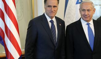 **FILE** Republican presidential candidate Mitt Romney meets July 29, 2012, with Israel&#39;s Prime Minister Benjamin Netanyahu in Jerusalem. (Associated Press)