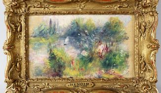 Reported stolen in 1951, “Paysage Bords de Seine” by French impressionist Pierre-Auguste Renoir was acquired by a woman from Virginia who paid $7 for a box of trinkets that included the painting at a flea market in West Virginia. (Potomack Company via Associated Press)