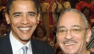 The Rev. Jeremiah Wright poses with President Obama in Chicago in 2005, three years before the pastor’s comments shook the Obama campaign. (Trinity United Church of Christ via Associated Press)