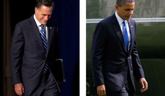 Republican presidential candidate Mitt Romney (left) arrives to campaign in Springfield, Va., and President Obama arrives back at the White House after campaigning in Virginia Beach on Thursday, Sept 27, 2012. (AP Photos)