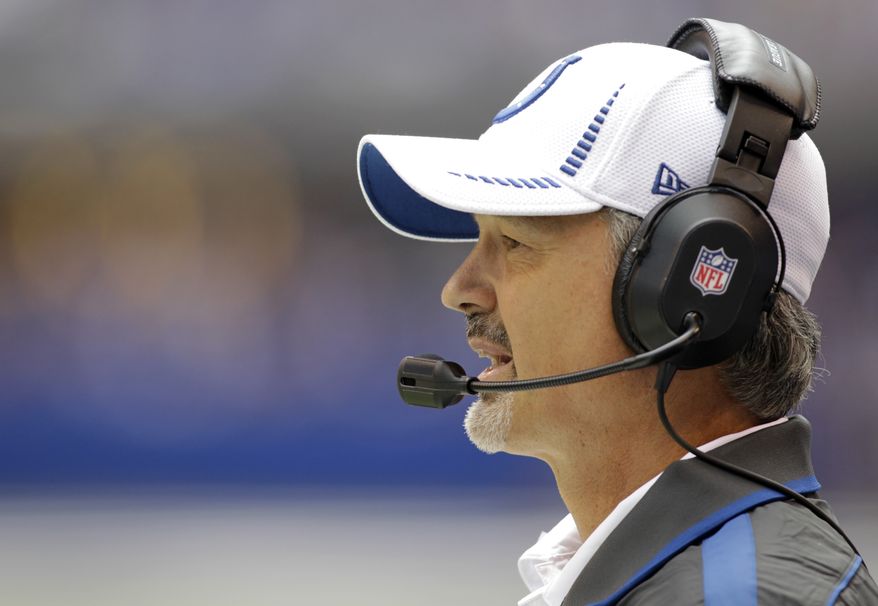 Indianapolis Colts head coach Chuck Pagano watches Sept. 23, 2012, from the sideline during the first half of the Jacksonville Jaguars&#39; 22-17 road win over the Colts. (Associated Press)