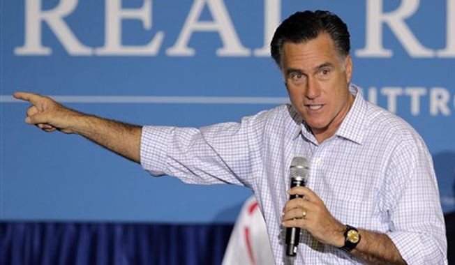 **FILE** Republican presidential candidate Mitt Romney speaks Sept. 26, 2012, in Westerville, Ohio. (Associated Press)