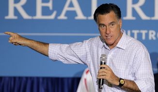 FILE - In this Sept. 26, 2012 file photo, Republican presidential candidate, former Massachusetts Gov. Mitt Romney speaks in Westerville, Ohio. 
