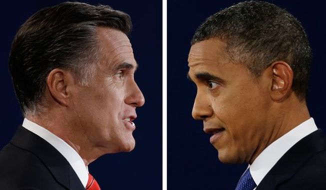 ** FILE ** Republican presidential nominee Mitt Romney and President Obama speak during the first presidential debate, at the University of Denver on Wednesday, Oct. 3, 2012, in Denver. (AP Photo/David Goldman/Eric Gay)
