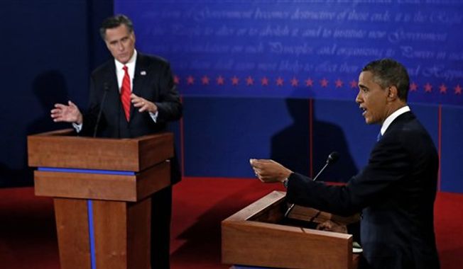 President Obama and Republican presidential nominee Mitt Romney participate Oct. 3, 2012, in the first presidential debate at the University of Denver in Denver. (Associated Press)