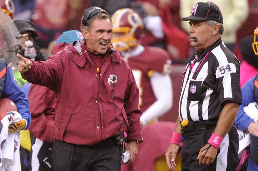 Washington Redskins head coach Mike Shanahan yells at the referee late in the game at FedEx Field, Landover, Md., Oct. 10, 2012. (Preston Keres/Special to The Washington Times)