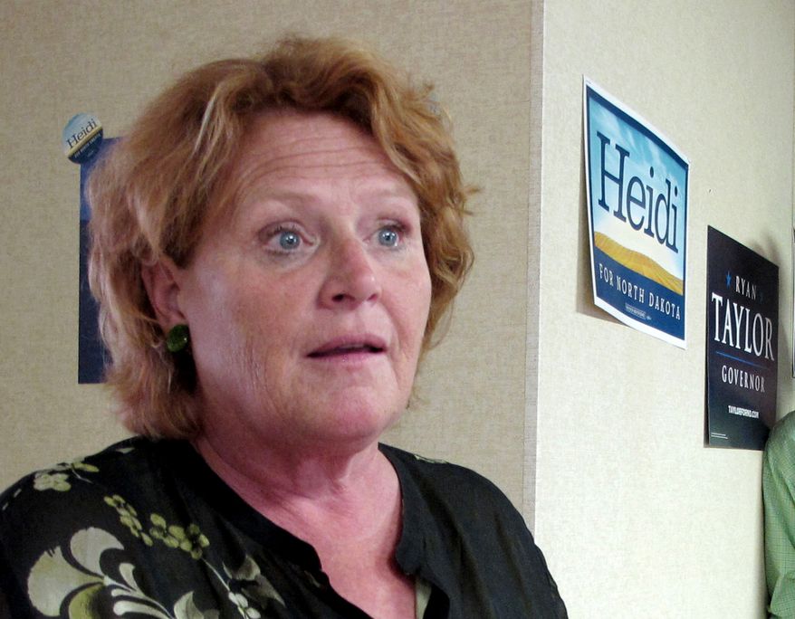 **FILE** North Dakota Senate candidate Heidi Heitkamp speaks Aug. 11, 2012, in Dickinson, N.D. (Associated Press)
