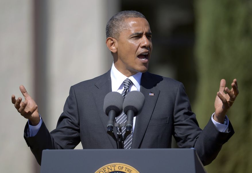 President Obama announces the establishment of the Cesar E. Chavez National Monument on Monday, Oct. 8, 2012, in Keene, Calif. The property is recognized worldwide for its historic link to civil rights leader Cesar Chavez and the farm worker movement. (AP Photo/Mark J. Terrill)