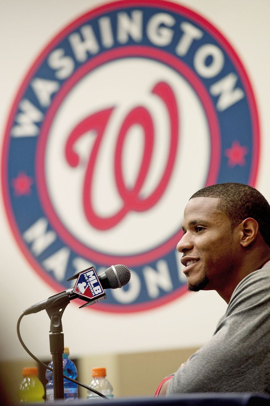 Washington Nationals pitcher Edwin Jackson talks to the media during a press conference at Nationals Park on Tuesday, Oct. 9, 2012. On Wednesday, they play the St. Louis Cardinals at home. (Barbara L. Salisbury/The Washington Times)