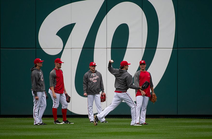 The Washington Nationals work out at Nationals Park on Tuesday, Oct. 9, 2012. On Wednesday, they play the St. Louis Cardinals at home. (Barbara L. Salisbury/The Washington Times)
