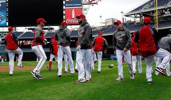 The Washington Nationals work out at Nationals Park on Tuesday, Oct. 9, 2012. On Wednesday they play the Saint Louis Cardinals at home. (Barbara L. Salisbury/The Washington Times)