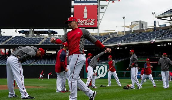 The Washington Nationals work out at Nationals Park on Tuesday, Oct. 9, 2012. On Wednesday, they play the St. Louis Cardinals at home. (Barbara L. Salisbury/The Washington Times)