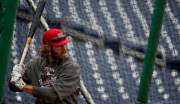Washington Nationals outfielder Jayson Werth hits the ball during batting practice at Nationals Park on Tuesday, Oct. 9, 2012. On Wednesday, they play the St. Louis Cardinals at home. (Barbara L. Salisbury/The Washington Times)