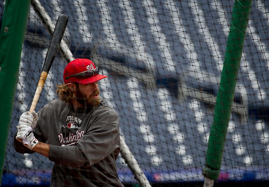 Washington Nationals outfielder Jayson Werth hits the ball during batting practice at Nationals Park on Tuesday, Oct. 9, 2012. On Wednesday, they play the St. Louis Cardinals at home. (Barbara L. Salisbury/The Washington Times)