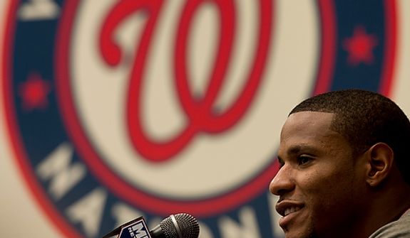 Washington Nationals pitcher Edwin Jackson talks to the media during a press conference at Nationals Park on Tuesday, Oct. 9, 2012. On Wednesday, they play the St. Louis Cardinals at home. (Barbara L. Salisbury/The Washington Times)