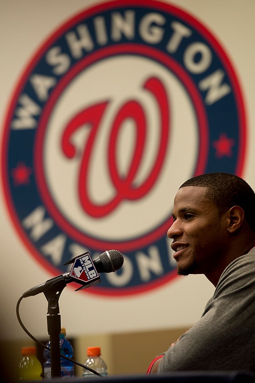 Washington Nationals pitcher Edwin Jackson talks to the media during a press conference at Nationals Park on Tuesday, Oct. 9, 2012. On Wednesday, they play the St. Louis Cardinals at home. (Barbara L. Salisbury/The Washington Times)
