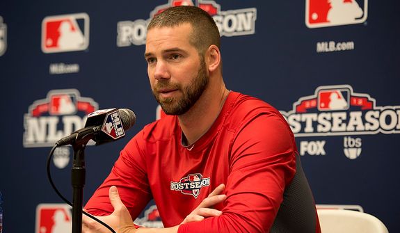Saint Louis Cardinals pitcher Chris Carpenter talks to the media during a press conference at Nationals Park on Tuesday, Oct. 9, 2012. On Wednesday, they play the St. Louis Cardinals at home. (Barbara L. Salisbury/The Washington Times)