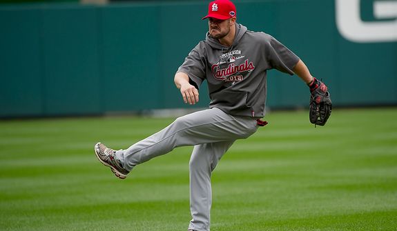 Saint Louis Cardinals player Skip Schumaker makes a face during a workout session at Nationals Park on Tuesday, Oct. 9, 2012. On Wednesday, they play the St. Louis Cardinals at home. (Barbara L. Salisbury/The Washington Times)