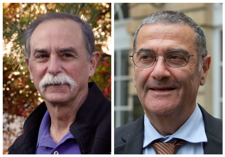 In this combination of photos from Oct. 9, 2012, American physicist David Wineland (left) poses at his home in Boulder, Colo., and French physicist Serge Haroche speaks to the media in Paris after they were named winners of the 2012 Nobel Prize in physics. The French-American duo shared the prize for experiments on quantum particles that have already resulted in ultra-precise clocks and may one day help lead to computers many times faster than those in use today. (Associated Press)