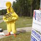 **FILE** A protester dressed as Big Bird stands Oct. 6, 2012, outside of the amphitheater in Apopka Fla., where Republican presidential candidate Mitt Romney prepares to speak during a campaign rally. (Associated Press)