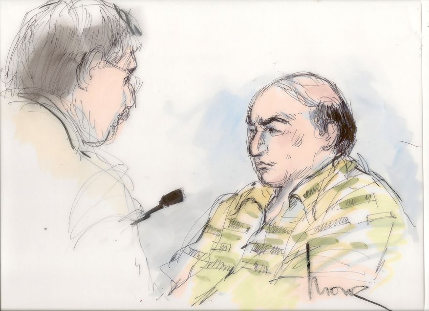 **FILE** Mark Basseley Youssef (right) talks with his attorney, Steven Seiden, in a courtroom sketch from Sept. 27, 2012. (Associated Press)