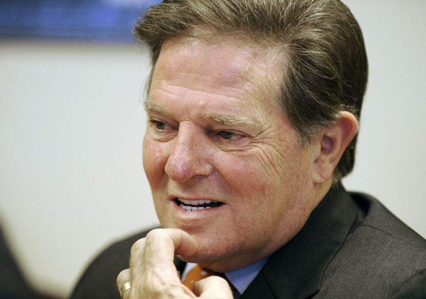 ** FILE ** Former House Majority Leader Tom DeLay, Texas Republican, speaks about his upcoming appeal of a money-laundering conviction at his attorney's office in Houston on Wednesday, Sept. 19, 2012. (AP Photo/Pat Sullivan)
