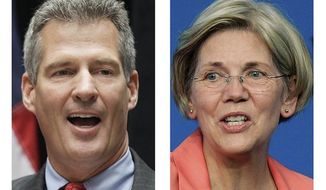 ** FILE ** These 2012 file photos show incumbent Sen. Scott Brown, R-Mass., left, and Democratic challenger Elizabeth Warren, in Boston. (AP File Photos)
