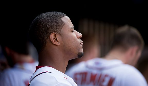 Washington Nationals starting pitcher Edwin Jackson (33) grimaces after he finishes for the day as the Washington Nationals play the St. Louis Cardinals in game three of the National League Division Series at Nationals Park, Washington, D.C., Wednesday, October 10, 2012. (Andrew Harnik/The Washington Times)