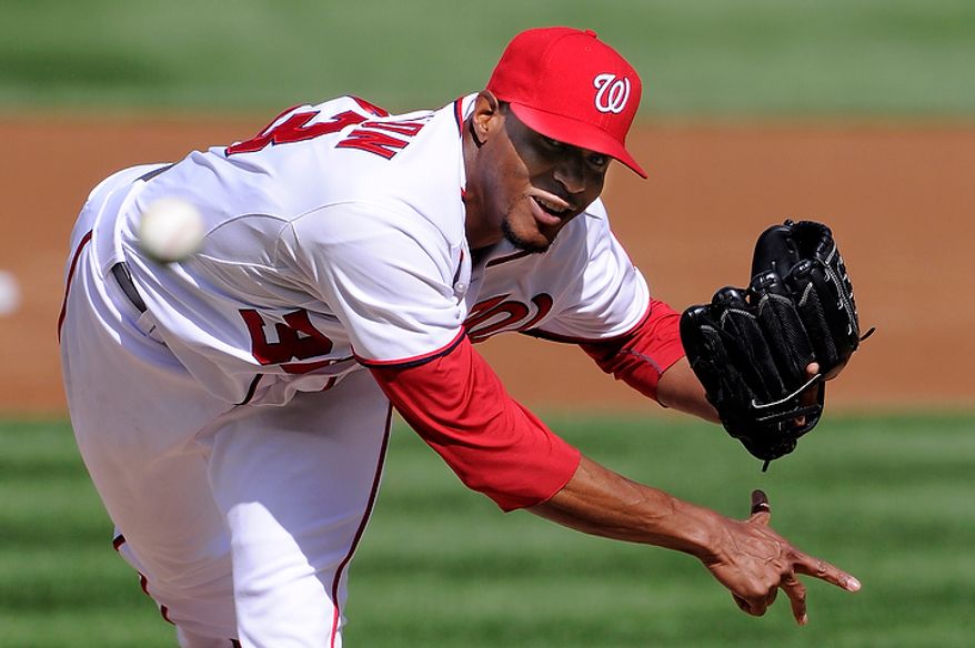 Washington Nationals starting pitcher Edwin Jackson (33) gave up four earned runs in five innings pitches to lose Game 3 of the National League Division Series at Nationals Park, Washington, D.C., Oct. 10, 2012. (Preston Keres/Special to The Washington Times)