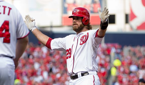 Washington Nationals right fielder Jayson Werth (28) claps his hands as he hits a single as the lead off hitter in the first inning as the Washington Nationals play the St. Louis Cardinals in game three of Major League Baseball playoffs at Nationals Park, Washington, D.C., Wednesday, October 10, 2012. (Andrew Harnik/The Washington Times)