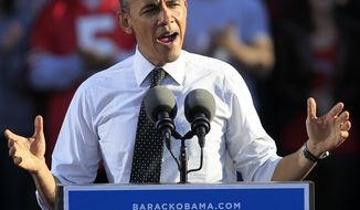 **FILE** President Obama speaks Oct. 9, 2012, at a campaign event in Columbus, Ohio. (Associated Press)