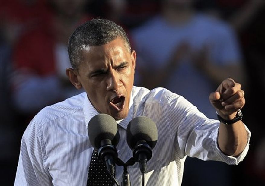 President Barack Obama speaks during a campaign event at the Ohio State University Oval on Tuesday, Oct. 9, 2012, in Columbus, Ohio. (AP Photo/Tony Dejak)