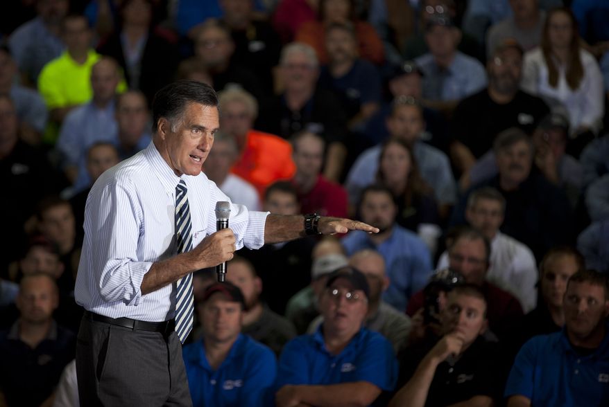 Republican presidential candidate Mitt Romney speaks Oct. 10, 2012, during a town hall meeting at Ariel Corporation in Mt. Vernon, Ohio. (Associated Press)