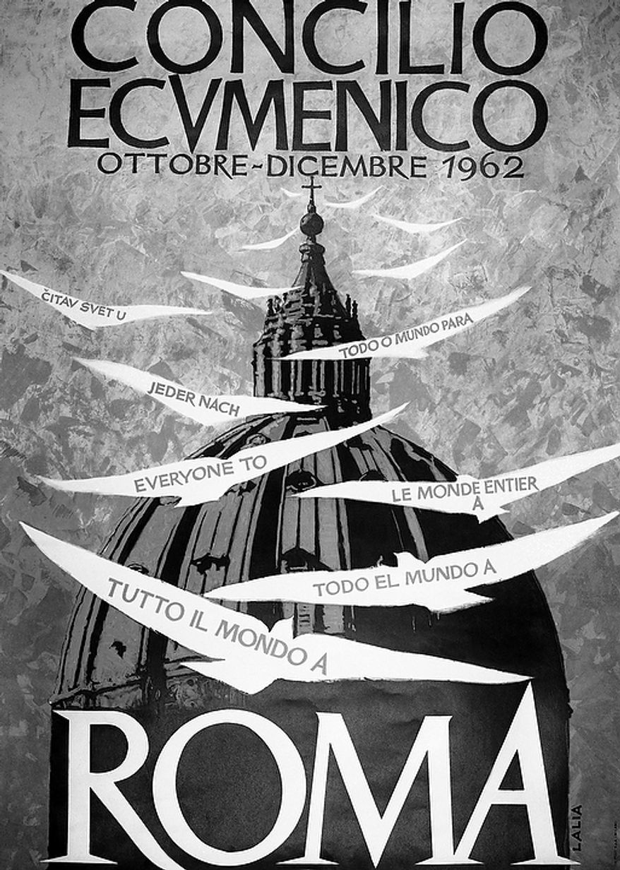 To attract tourists to Rome during the Ecumenical Council of the Roman Catholic Church, this big poster, seen Sept. 27, 1962, was distributed all over the world, sponsored by the Italian Tourist Organization. It shows stylized doves carrying the words "Everyone to" in seven languages, against a background of the huge dome of St. Peter's Basilica in Vatican City. (AP Photo)