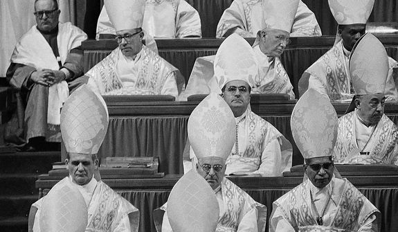 Cardinals seated in St. Peter&#x27;s Basilica as they attend the solemn opening ceremony of the second session of the Ecumenical Council , Sept. 29, 1963.  Top row, left to right: Cardinal Jose Humberto Quintero, Archbishop of Caracas; Cardinal Joseph Elmer Ritter, Archbishop of Saint Louis, Missouri; Cardinal Laurean Rugambwa, Bishop of Bukoba, Tanganyika.  Middle row:  Cardinal Julius Doepfner of Munich And Freisling; Cardinal Jose M. Bueno y Monreal, Archbishop of Seville. Bottom row:  Cardinal Paul Emile Leger, Archbishop of Montreal; Cardinal Giuseppe Ferretto, Italian member of the Vatican Curia; and Cardinal Valerian Gracias, Archbishop of Bombay, India.  (AP Photo)