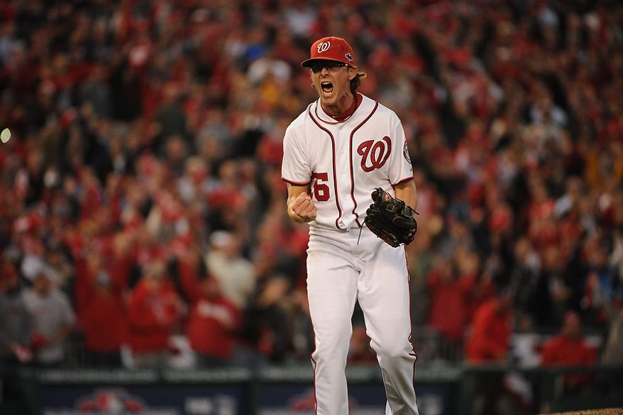 Washington Nationals relief pitcher Tyler Clippard (36) reacts after striking out the side in the eight inning of Game 4 of the National League Division Series between the Washington Nationals and the St. Louis Cardinals at Nationals Park, Thursday, October 11, 2012. (Andrew Harnik/The Washington Times)