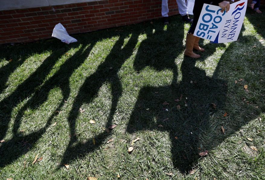 Supporters wave signs during a rally outside the Norton Center on the Centre College campus in Danville, Ky., before the vice presidential debate on Oct. 11, 2012. Vice President Joseph R. Biden will face Republican vice presidential candidate Paul Ryan. (Associated Press)