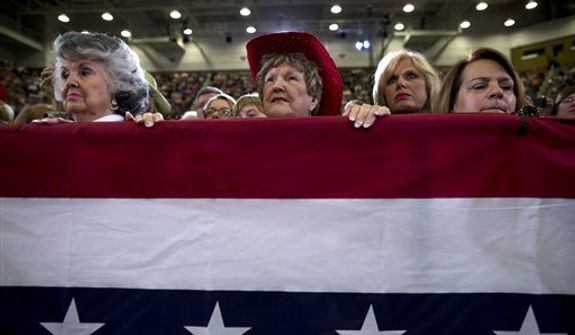 Supporters of Republican presidential candidate, former Massachusetts Gov. Mitt Romney listen to him speak during a campaign rally at the U.S. Cellular Center on Thursday, Oct. 11, 2012 in Asheville, N.C.  (AP Photo/ Evan Vucci)