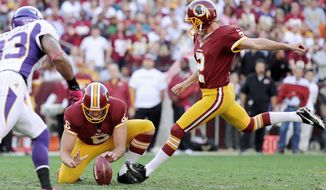 Washington Redskins kicker Kai Forbath (2) kicks a 50-yard field goal in the second quarter for the first Redskins score at FedEx Field, Landover, Md., Oct. 14, 2012. (Preston Keres/Special to The Washington Times)
