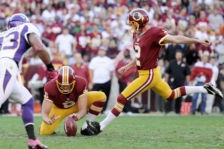 Washington Redskins kicker Kai Forbath (2) kicks a 50-yard field goal in the second quarter for the first Redskins score at FedEx Field, Landover, Md., Oct. 14, 2012. (Preston Keres/Special to The Washington Times)