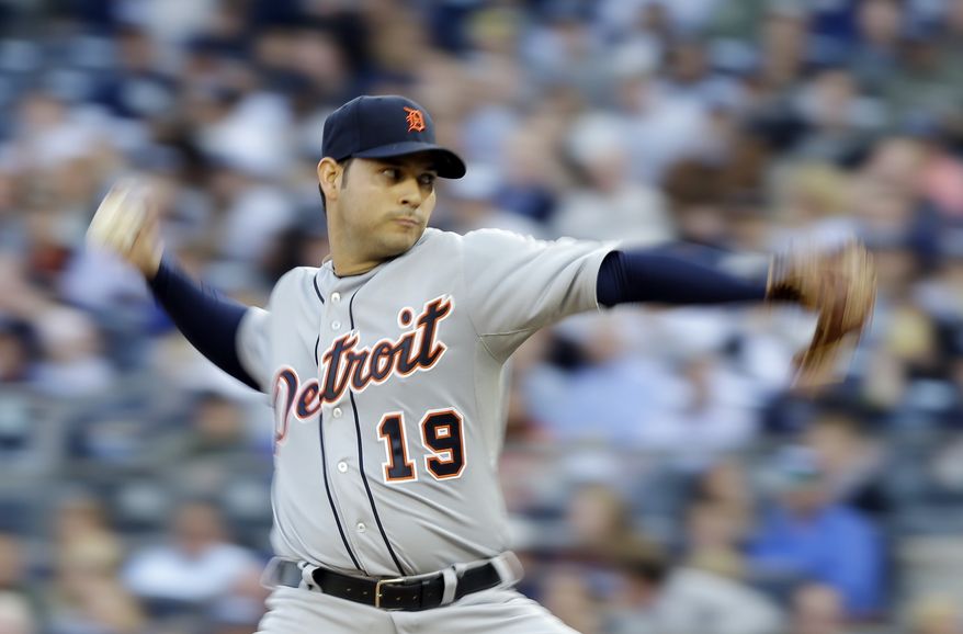 Detroit Tigers' Anibal Sanchez throws in the first inning during Game 2 of the American League championship series against the New York Yankees Sunday, Oct. 14, 2012, in New York. (AP Photo/Matt Slocum)