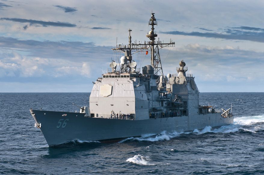 ** FILE ** The guided-missile cruiser USS San Jacinto sails in the Atlantic Ocean on Tuesday, June 6, 2012. (AP Photo/U.S. Navy, Spc. 1st Class Tommy Lamkin)