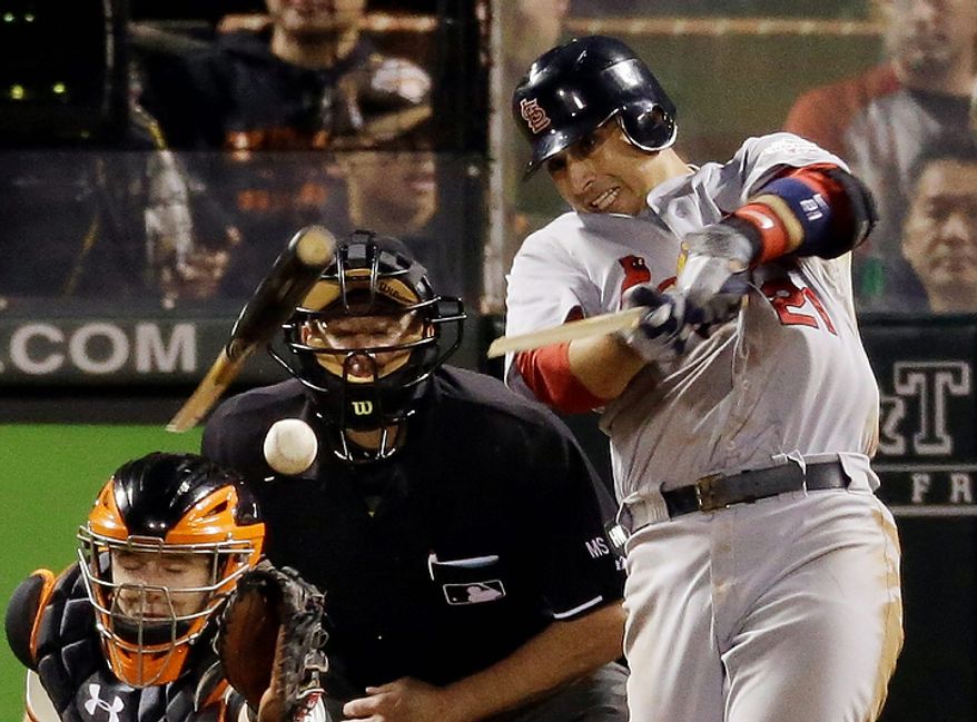 St. Louis Cardinals' Allen Craig breaks his bat as he grounds out during the eighth inning of Game 1 of baseball's National League championship series against the San Francisco Giants Sunday, Oct. 14, 2012, in San Francisco. (AP Photo/Mark Humphrey)