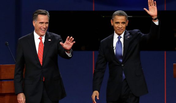 Republican presidential candidate Mitt Romney and President Obama wave to the audience during the first presidential debate at the University of Denver in Denver on Wednesday, Oct. 3, 2012. The next debate, town-hall style, will bring Mr. Obama and Mr. Romney to Hofstra University on New York&#x27;s Long Island on Tuesday, Oct. 16, 2012. (AP Photo/Charlie Neibergall)
