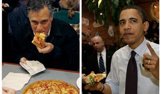 ** FILE ** Mitt Romney (left) takes a bite of pizza while campaigning at Village Pizza in Newport, N.H., Dec. 20, 2011, and then-Sen. Barack Obama takes a bite of pizza at American Dream Pizza in Corvallis, Ore., on March 21, 2008. (Associated Press)