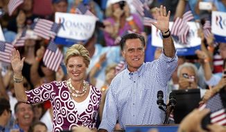 Republican presidential candidate Mitt Romney waves with his wife, Ann, during a Oct. 7, 2012, campaign rally in Port St. Lucie, Fla. (Associated Press)